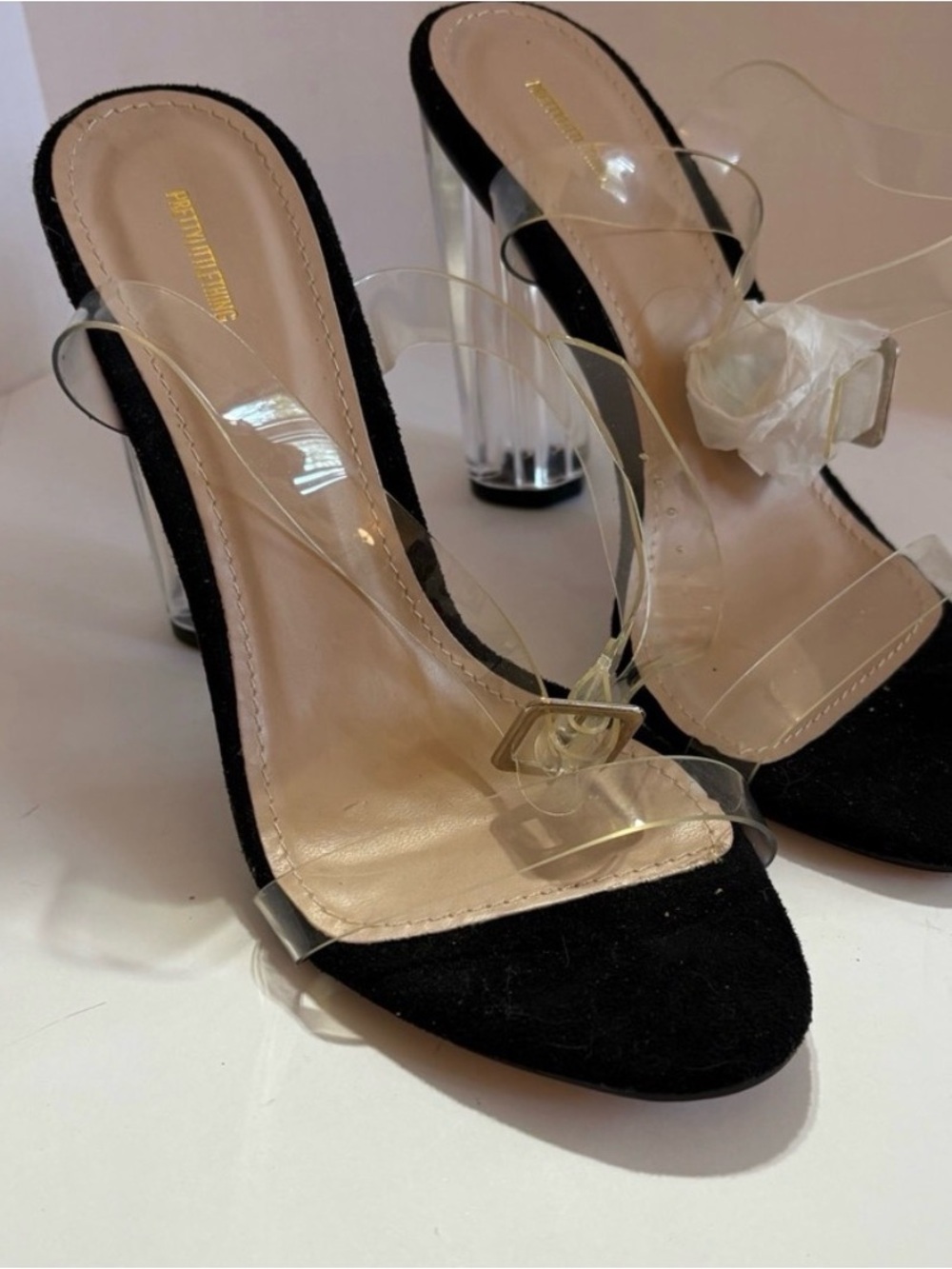 Pretty Little Things Clear Strap Black Block Heel Sandals sz 5